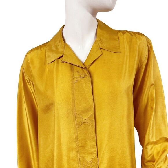 Vintage Mustard Silk Button Front Shirt Bow Details Daniel Caron Size S Small - Picture 2 of 9